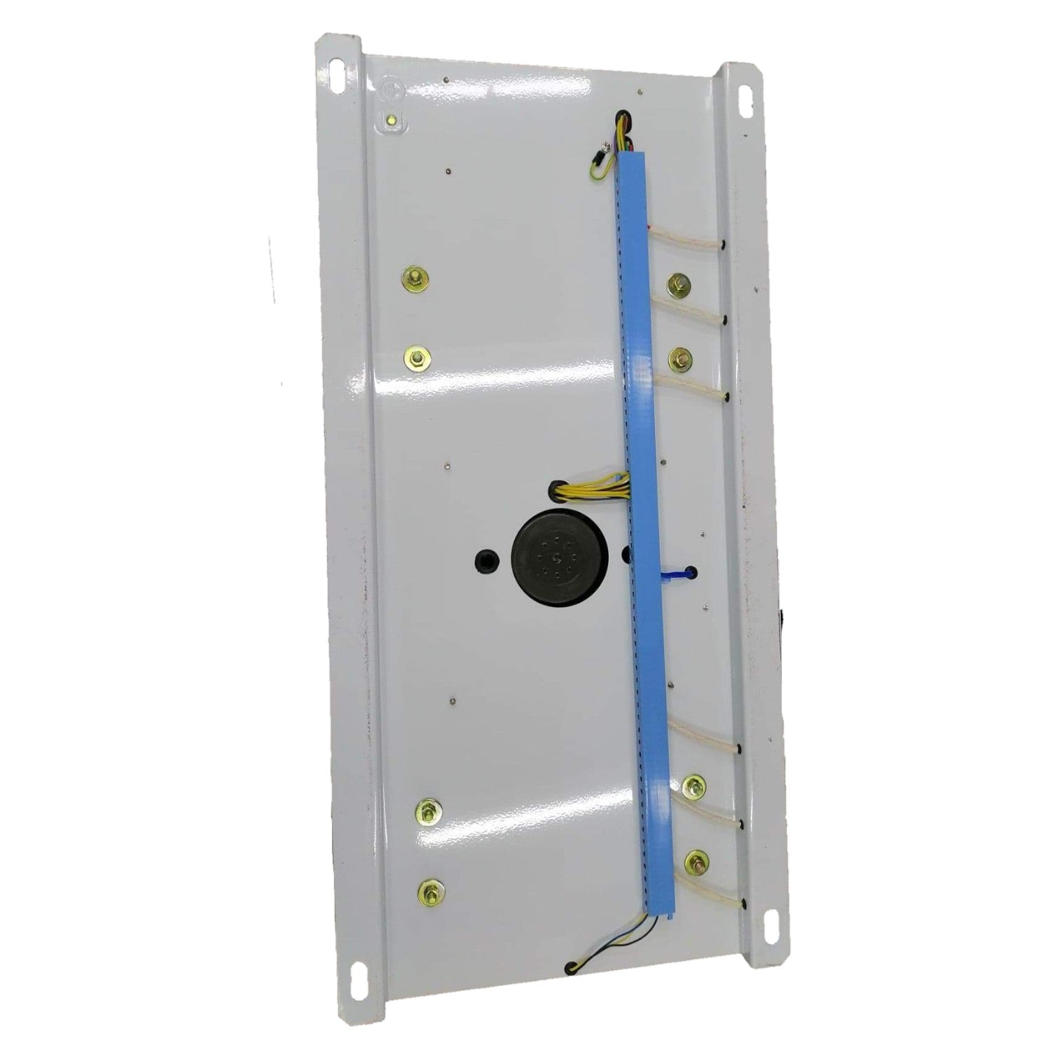 Metal panel with blue strip and wiring on a white background