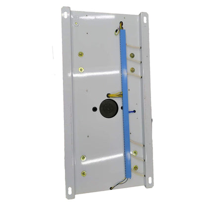 Metal panel with blue strip and wiring on a white background
