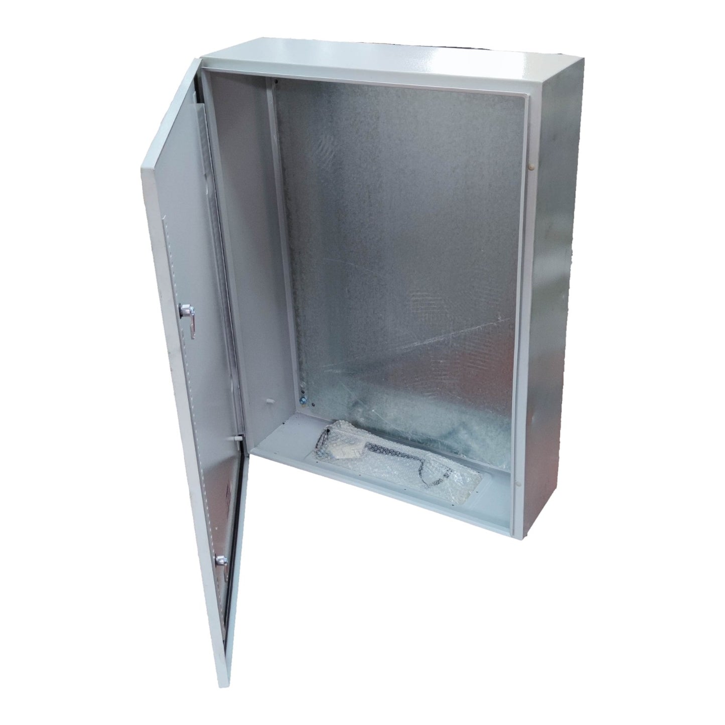 Metallic cabinet with open door on a white background