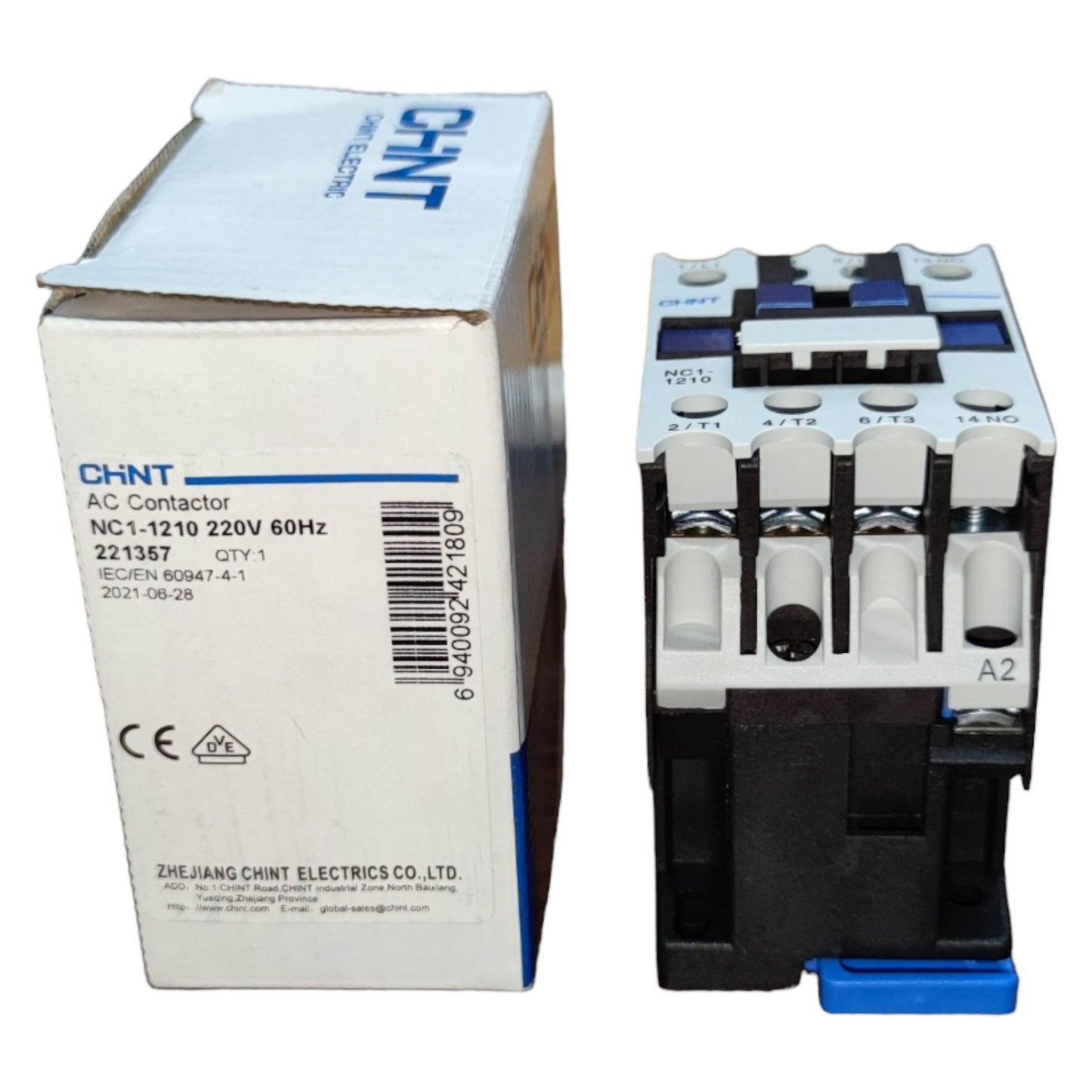 Chint AC contactor with its packaging on a white background