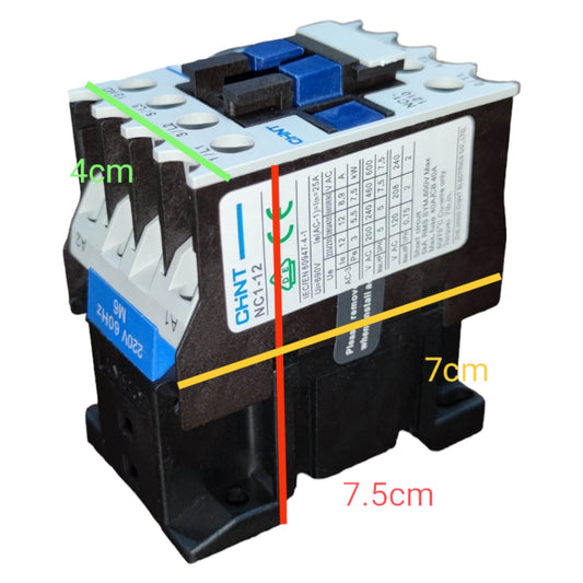Electrical contactor with dimensions labeled on a white background