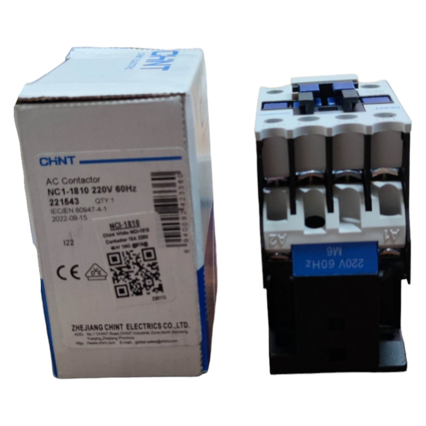 AC contactor and its box with branding and specifications on a white background