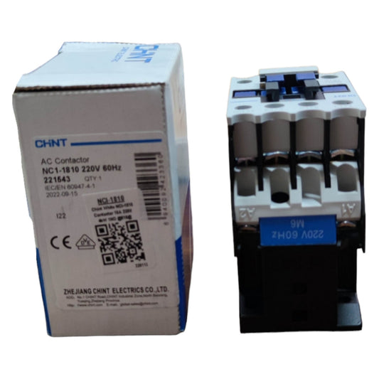 AC contactor and its box with branding and specifications on a white background