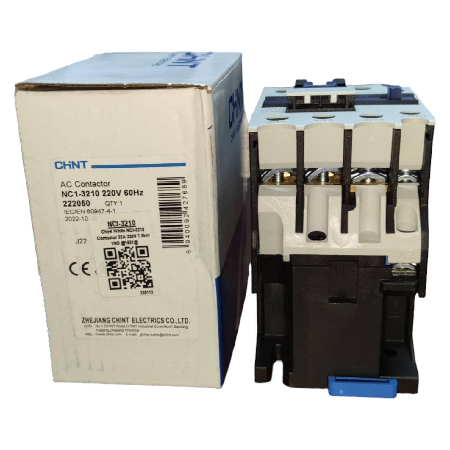AC contactor with its packaging on a white background