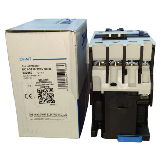 AC contactor with its packaging on a white background
