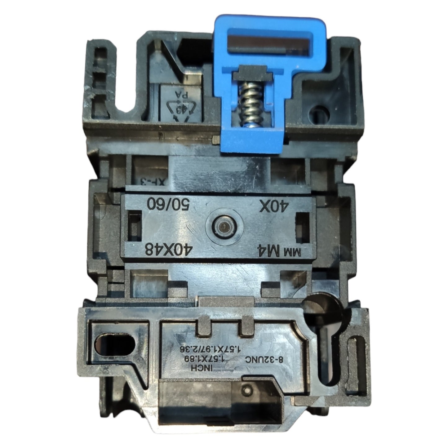 Mechanical component with blue and gray colors on a white background
