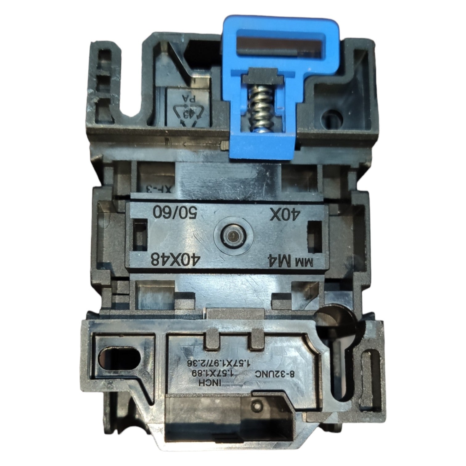 Mechanical component with blue and gray colors on a white background