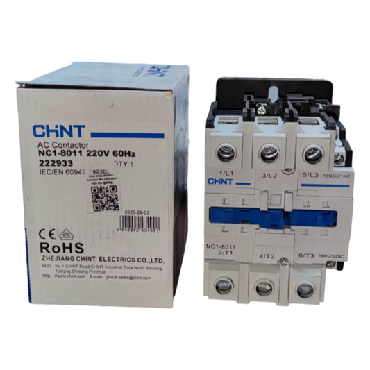 Chint AC contactor with its packaging on a white background