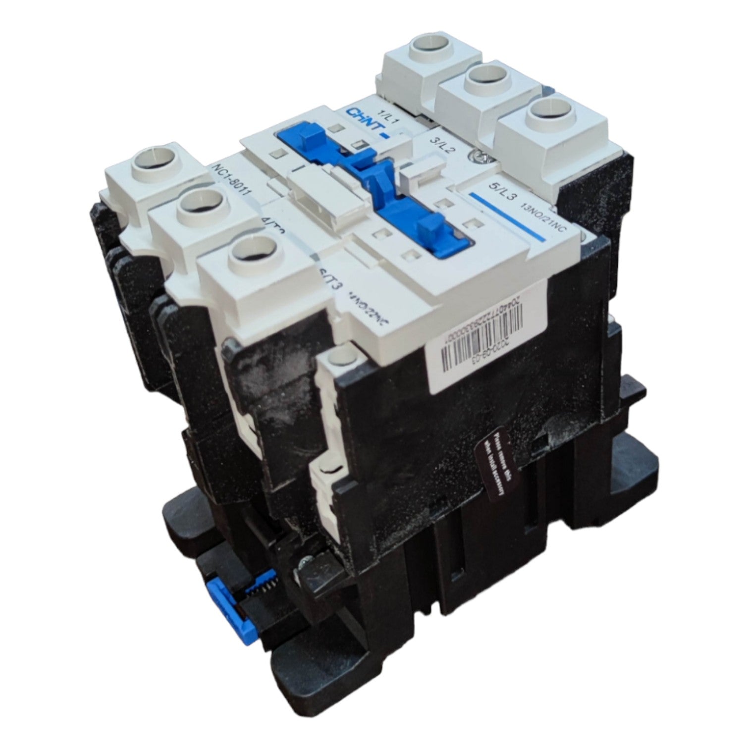 Electrical contactor with black base and white top on a white background