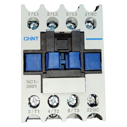 Electrical contactor with blue contacts and labeled terminals on a white background