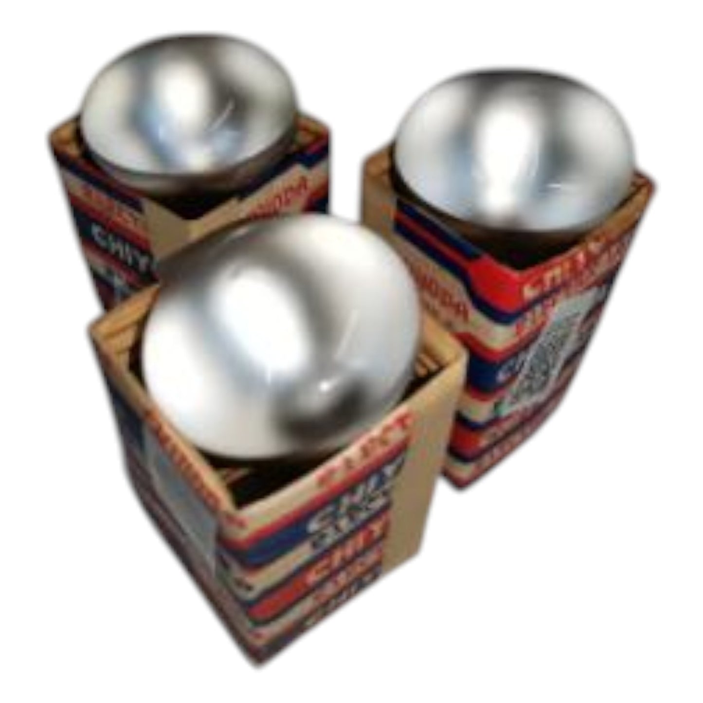 Three metallic balls in cardboard boxes with visible branding on a white background Chiyoda 40W Incandescent Lamp E14 220V Reflector Spotlight Bulb Warm White 3000K Electx Electrical Supply