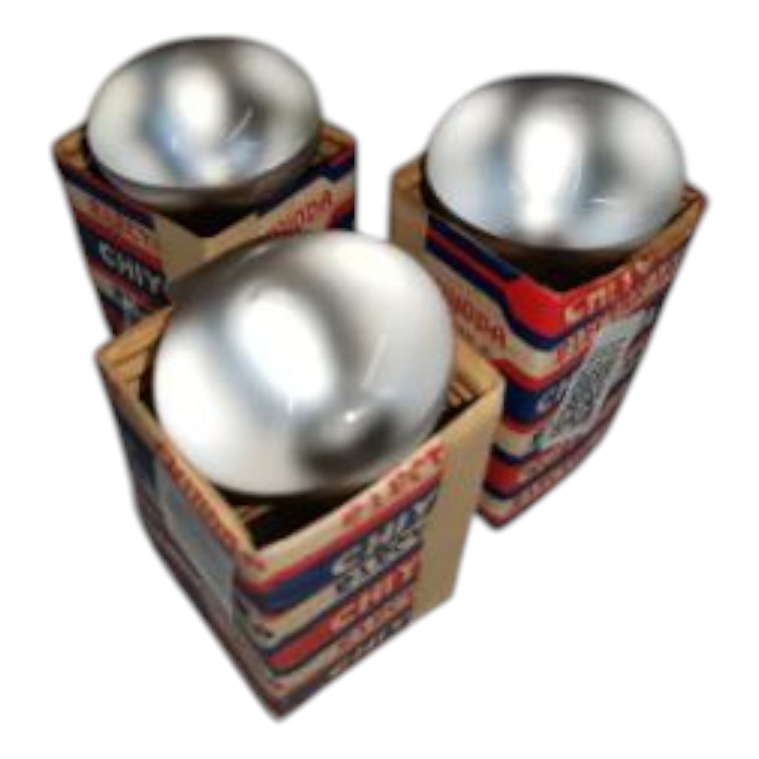 Three metallic balls in cardboard boxes with visible branding on a white background Chiyoda 40W Incandescent Lamp E14 220V Reflector Spotlight Bulb Warm White 3000K Electx Electrical Supply