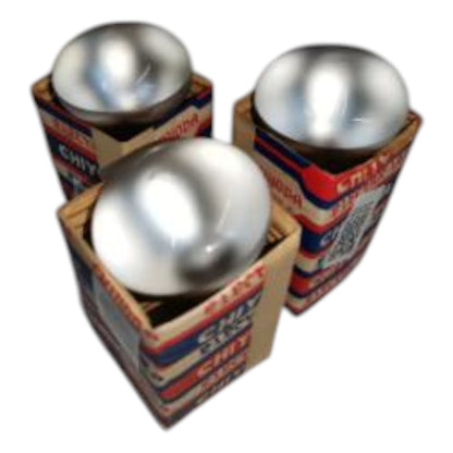 Three metallic balls in cardboard boxes with visible branding on a white background Chiyoda 40W Incandescent Lamp E14 220V Reflector Spotlight Bulb Warm White 3000K Electx Electrical Supply