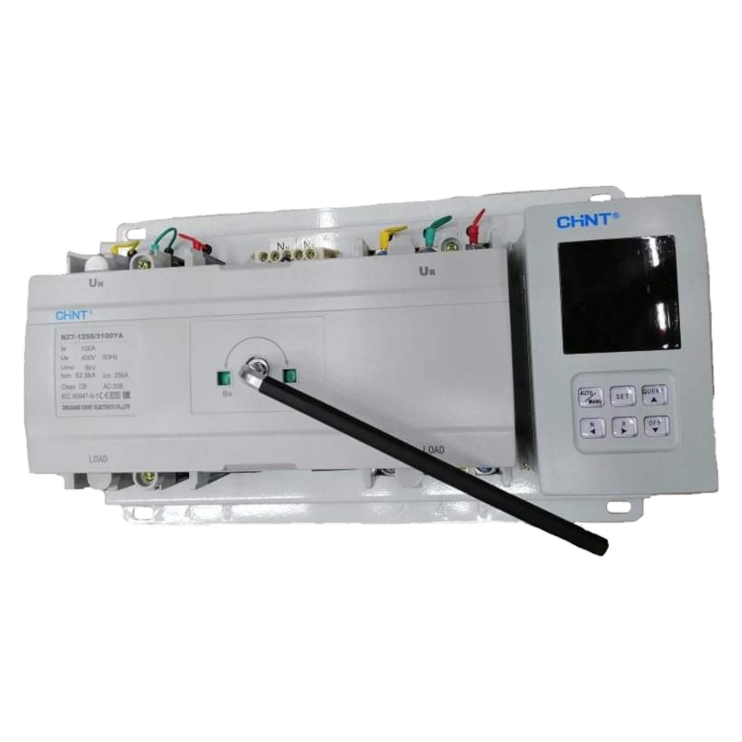 Electrical control panel with digital display and various connectors on a white background