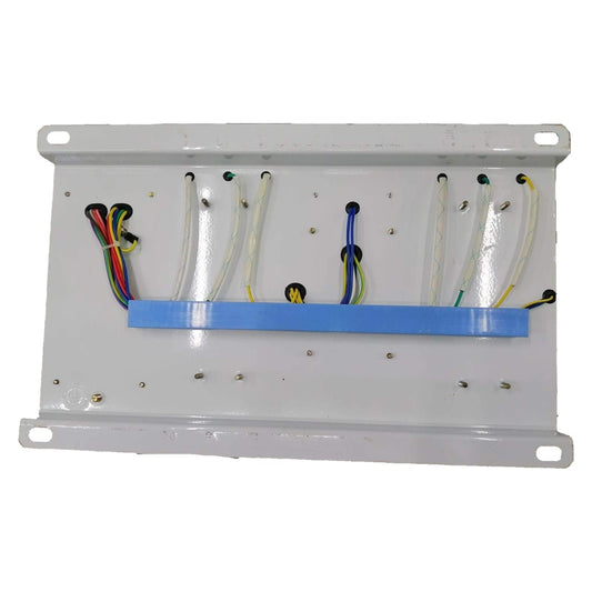 Electrical panel with various wires on a white background