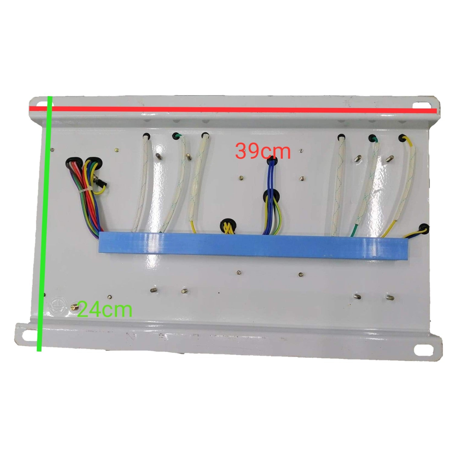 Electrical panel with wires and measurements on a white background