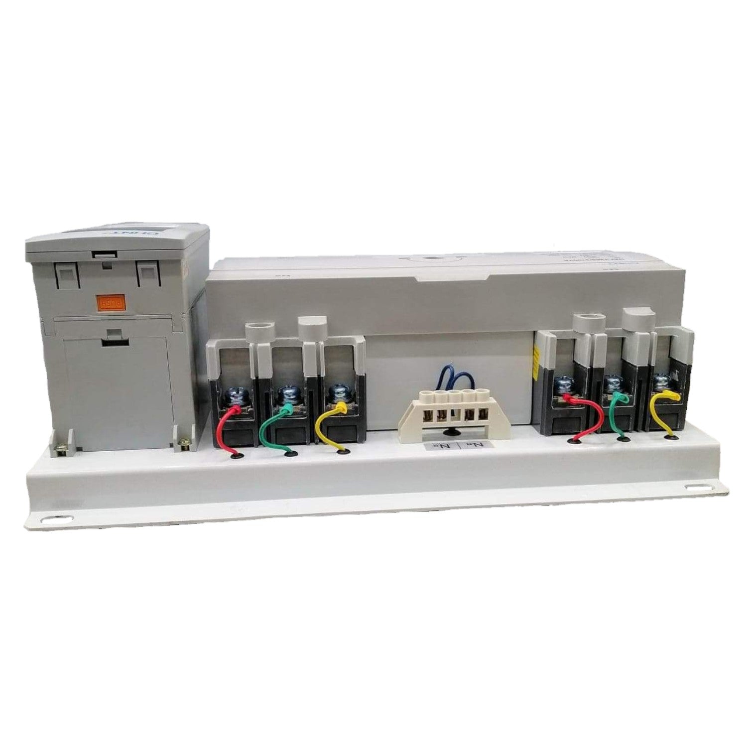 Electrical panel with multiple components on a white background