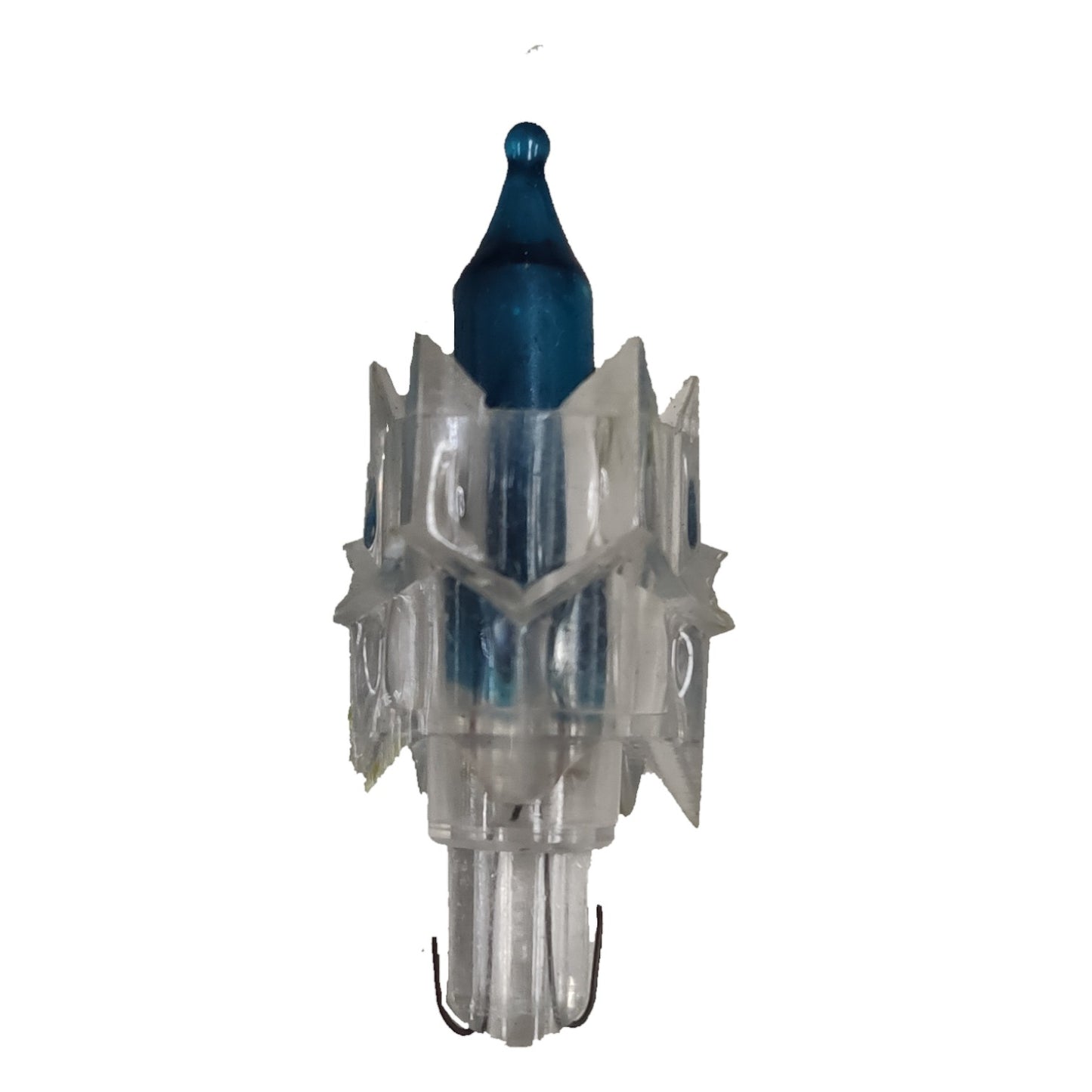 Clear fishing lure with blue top on a white background
