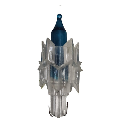 Clear fishing lure with blue top on a white background