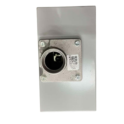 Metallic rectangular component with circular opening and QR code label on a white background