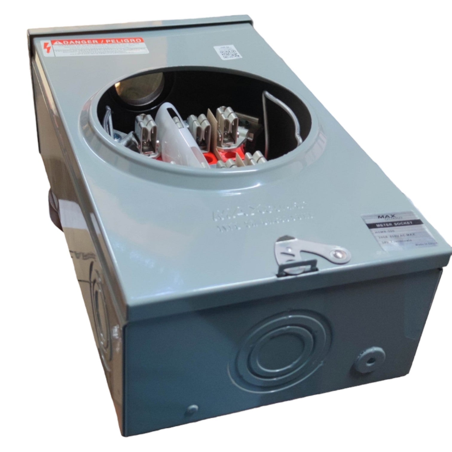 Gray industrial machine with components inside on a white background