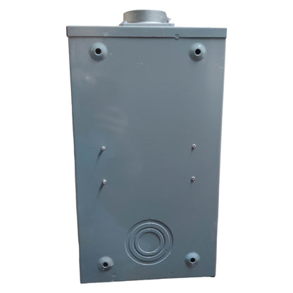 Gray metal box with circular component on a white background
