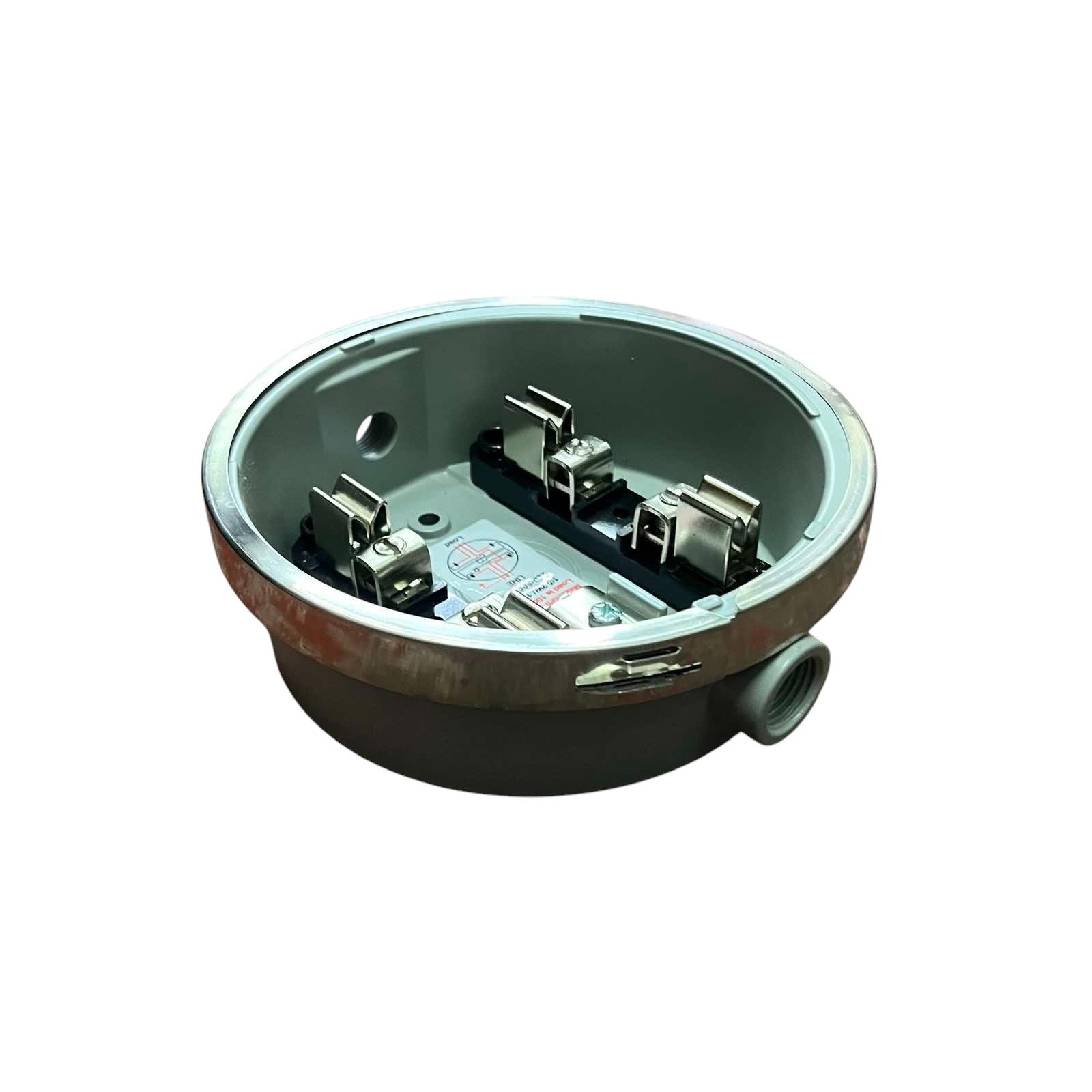 Round metal electrical junction box with wiring on a white background Cirtech Round Meter Base 1/2 inch Hub Electrical Meter Base KWH Meter Base 4 Jaws Electx Electrical Supply