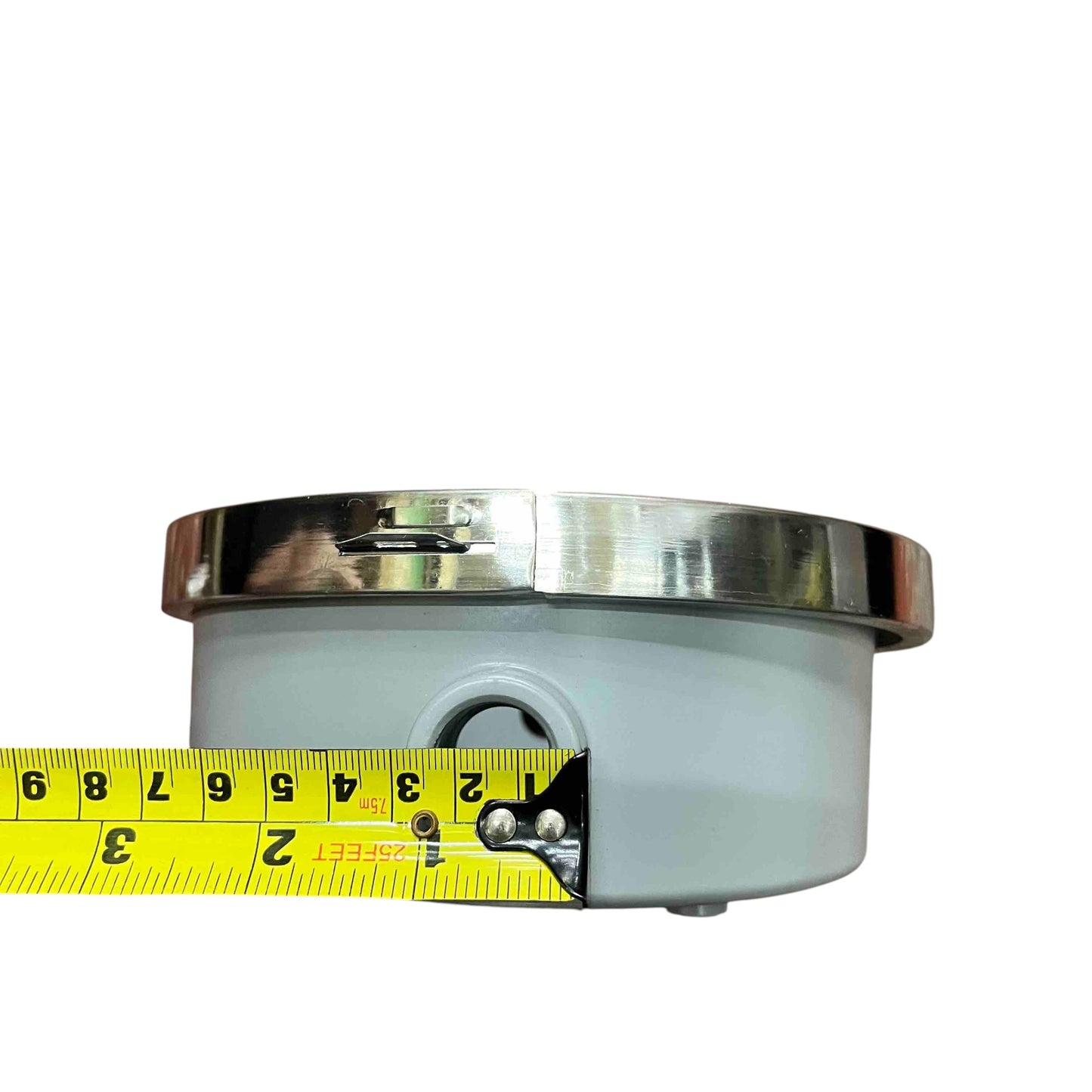 Metallic container with a measuring tape for scale on a white background Cirtech Round Meter Base 1/2 inch Hub Electrical Meter Base KWH Meter Base 4 Jaws Electx Electrical Supply