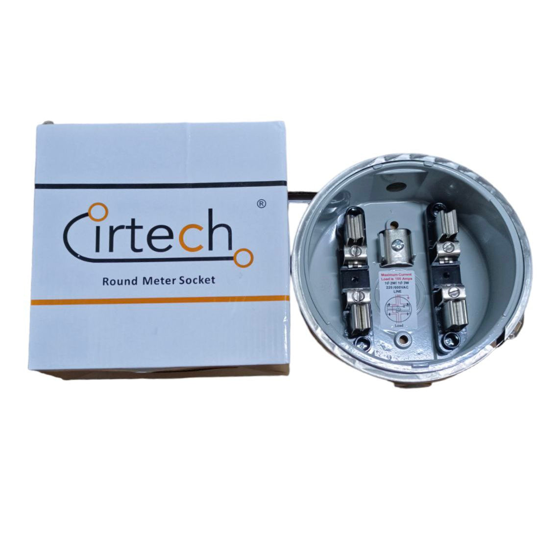 Cirtech round meter socket with packaging on a white background Cirtech Round Meter Base 1/2 inch Hub Electrical Meter Base KWH Meter Base 4 Jaws Electx Electrical Supply