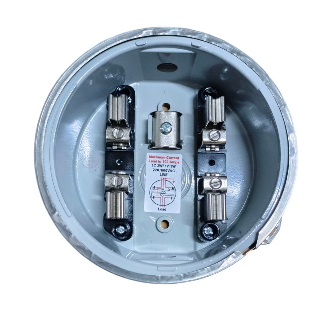 Electrical junction box with wiring and labels on a white background