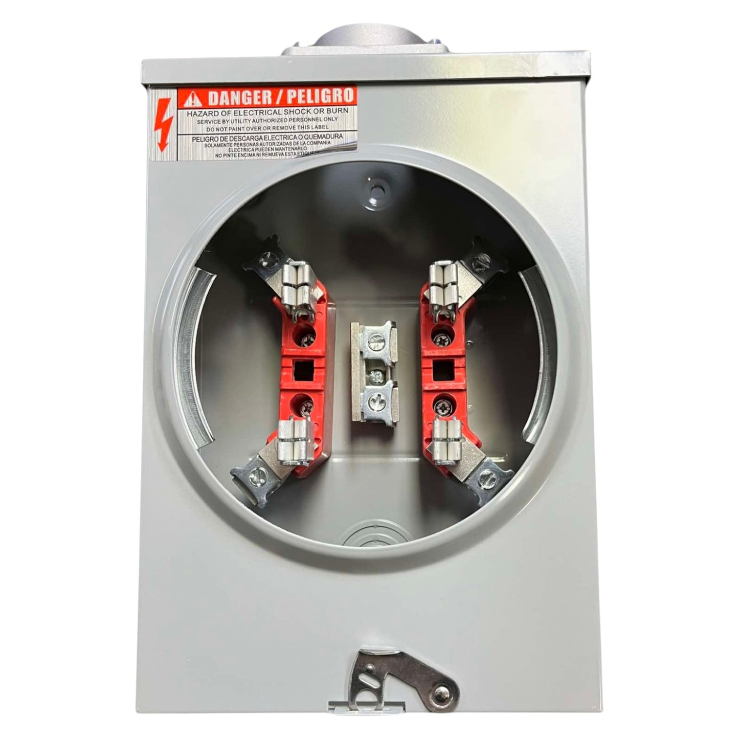 Electrical panel with red and silver connectors on a white background