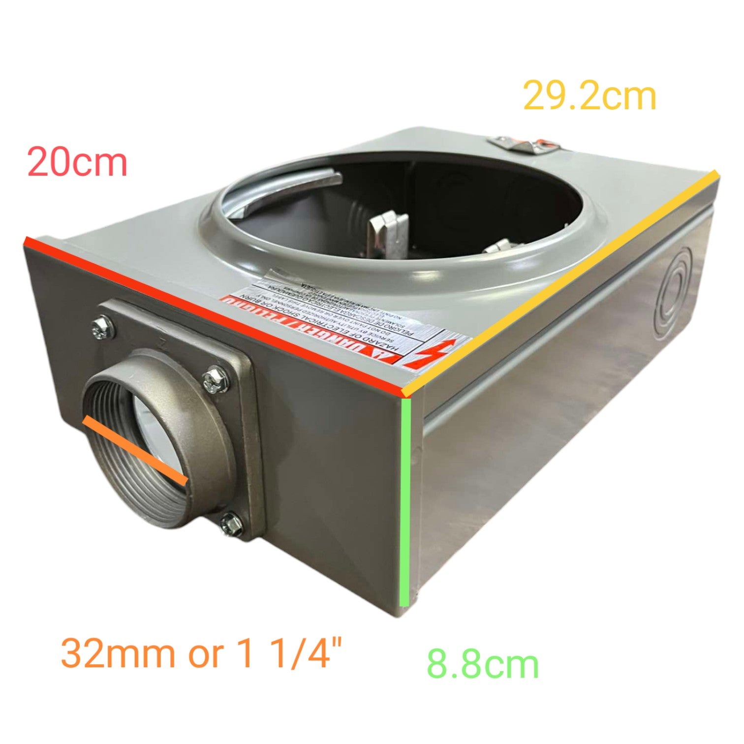 Measurement chart of a small appliance with dimensions labeled.