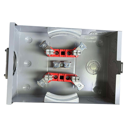 Metal electrical junction box with wiring connectors on a white background