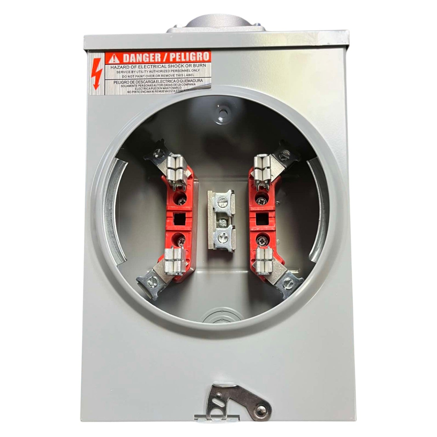 Electrical panel with red and silver connectors on a white background