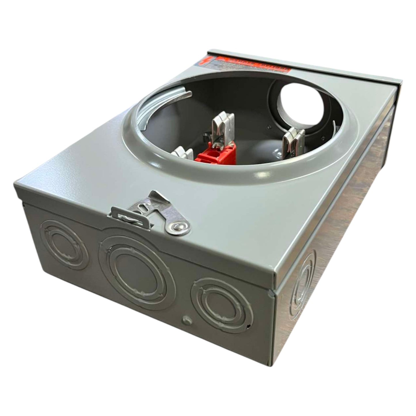 Metallic box with circular component on a white background