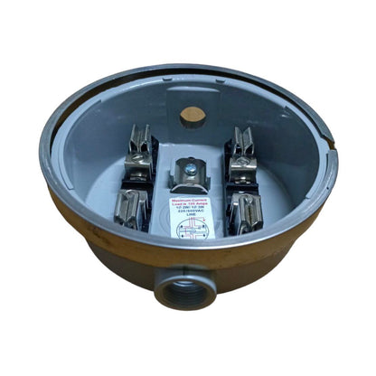 Gray metal basin with three metal clips on a white background Citrtech Round Meter Base 3/4 Inch Electrical Meter Base, KWH Meter Base Electx Electrical Supply