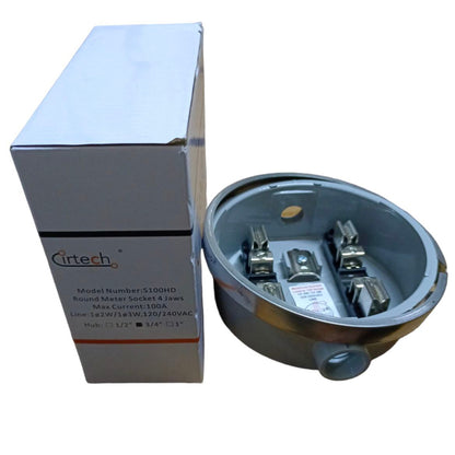 Round electrical meter socket with packaging on a white background