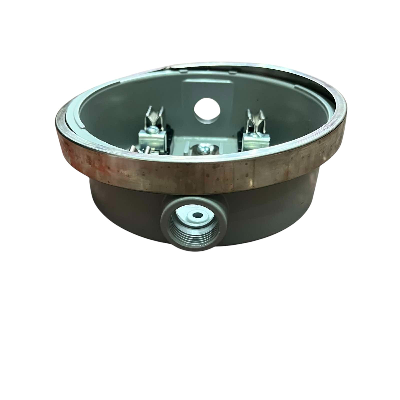Round metal component with connectors on a white background Citrtech Round Meter Base 3/4 Inch Electrical Meter Base, KWH Meter Base Electx Electrical Supply