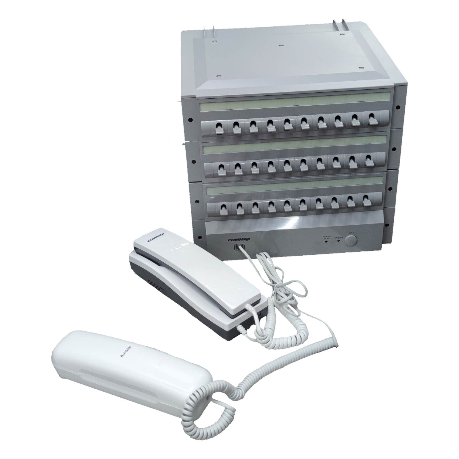 Phone system with multiple phone stations on a white background Commax 30 Station Intercom System CLS-10 Expandable With Handset T06 with Expand Unit CLS-10T(L) with Expand Unit CLS-10T(R) and 30pcs Sub-Station , 1pc CLS-10 + 1pc CLS-10T(L) + 1pc CLS-10T(R) + 30pcs TP-S + 1pc T06