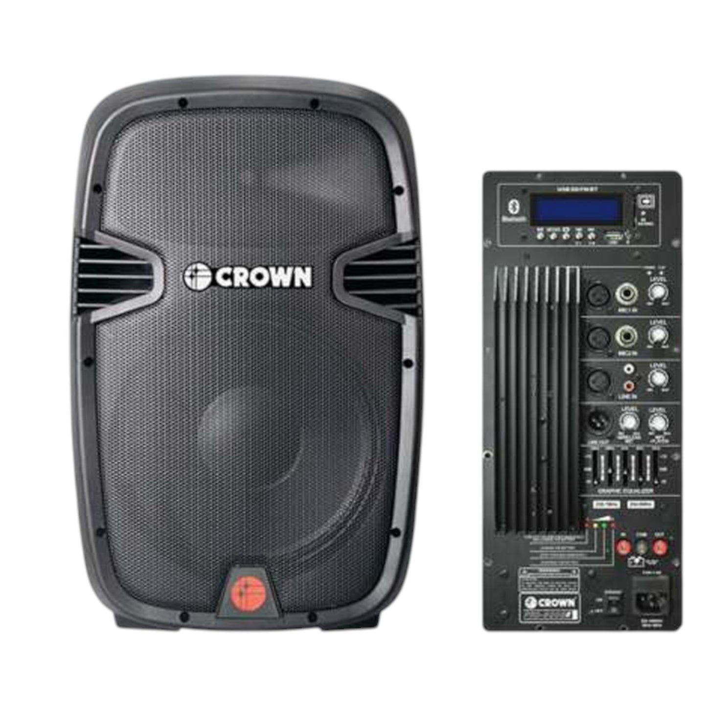 Crown 480W Portable Speaker 15 Inches 12V DC 2 Wireless Mic USB and SD Port LCD Display Guitar Port 4-8 Ohms 5 Band Equalizer Rechargeable Battery Portable Sound System with Guitar Input PRO-5008R+