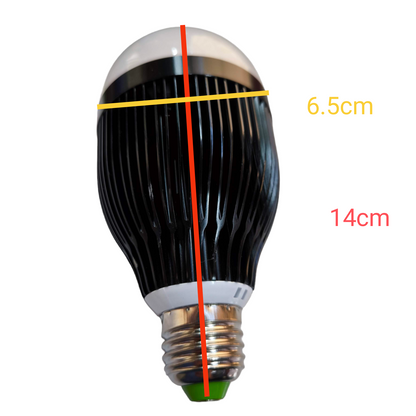 Black LED light bulb with measurements on a white background Denko 12W LED Industrial Bulb with Heat Sink E27 220V SMD LED Available in 3000K Warm White or 6500K Daylight Electx Electrical SUpply