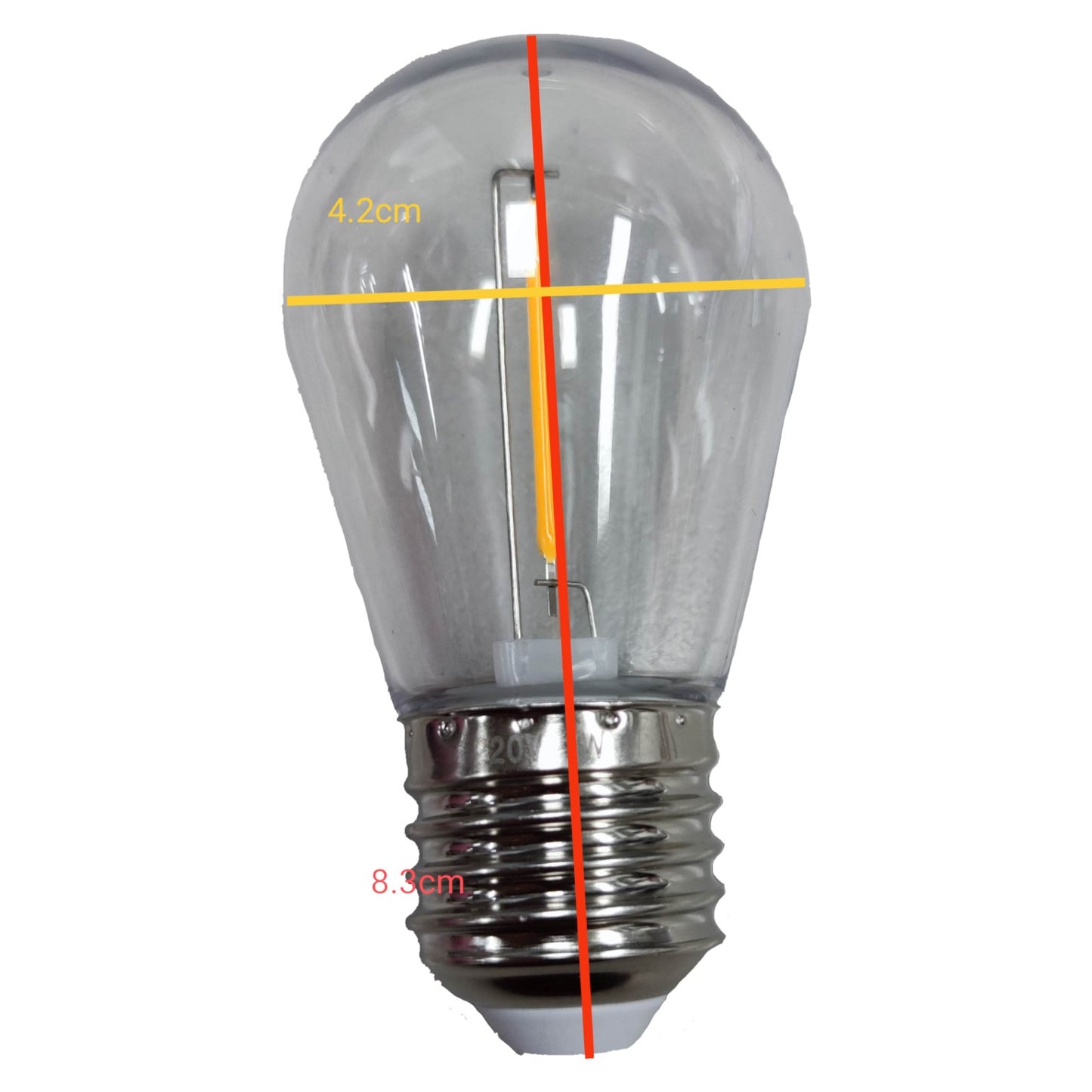 Clear light bulb with measurements on a white background
