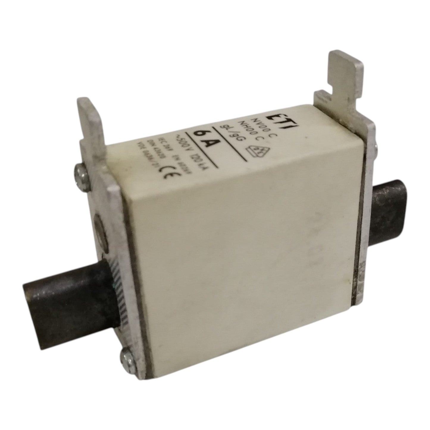 Electrical component with metallic connectors on a white background