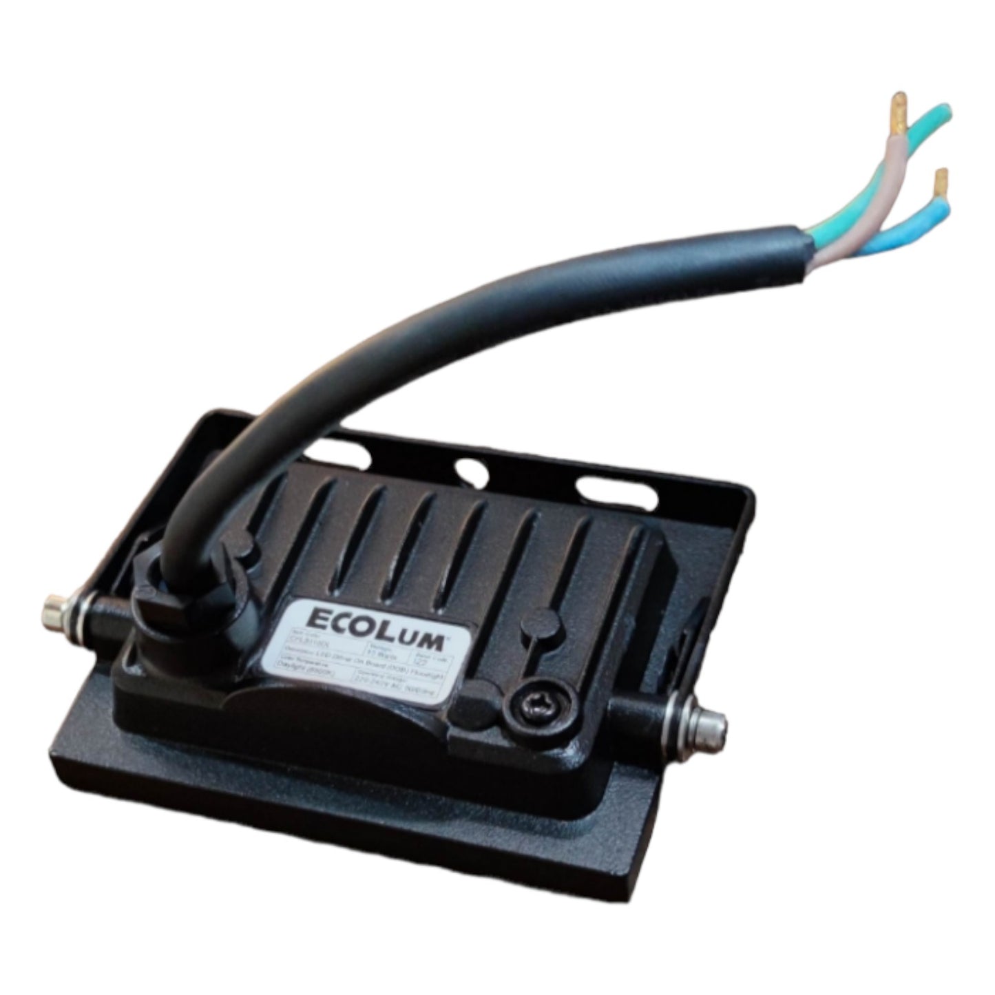 Black electronic component with 'Ecolum' branding and wires on a white background