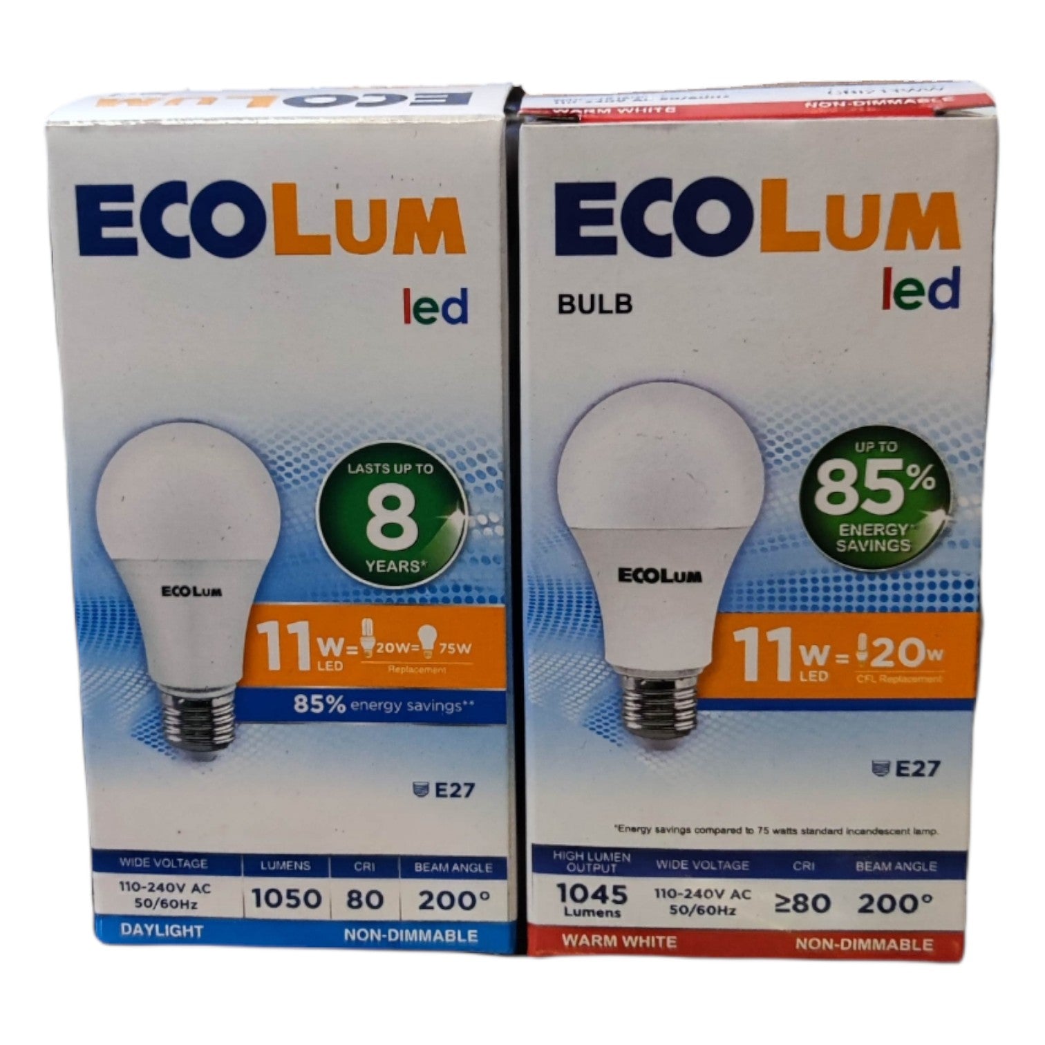 Two boxes of ECOLUM LED bulbs on a white background