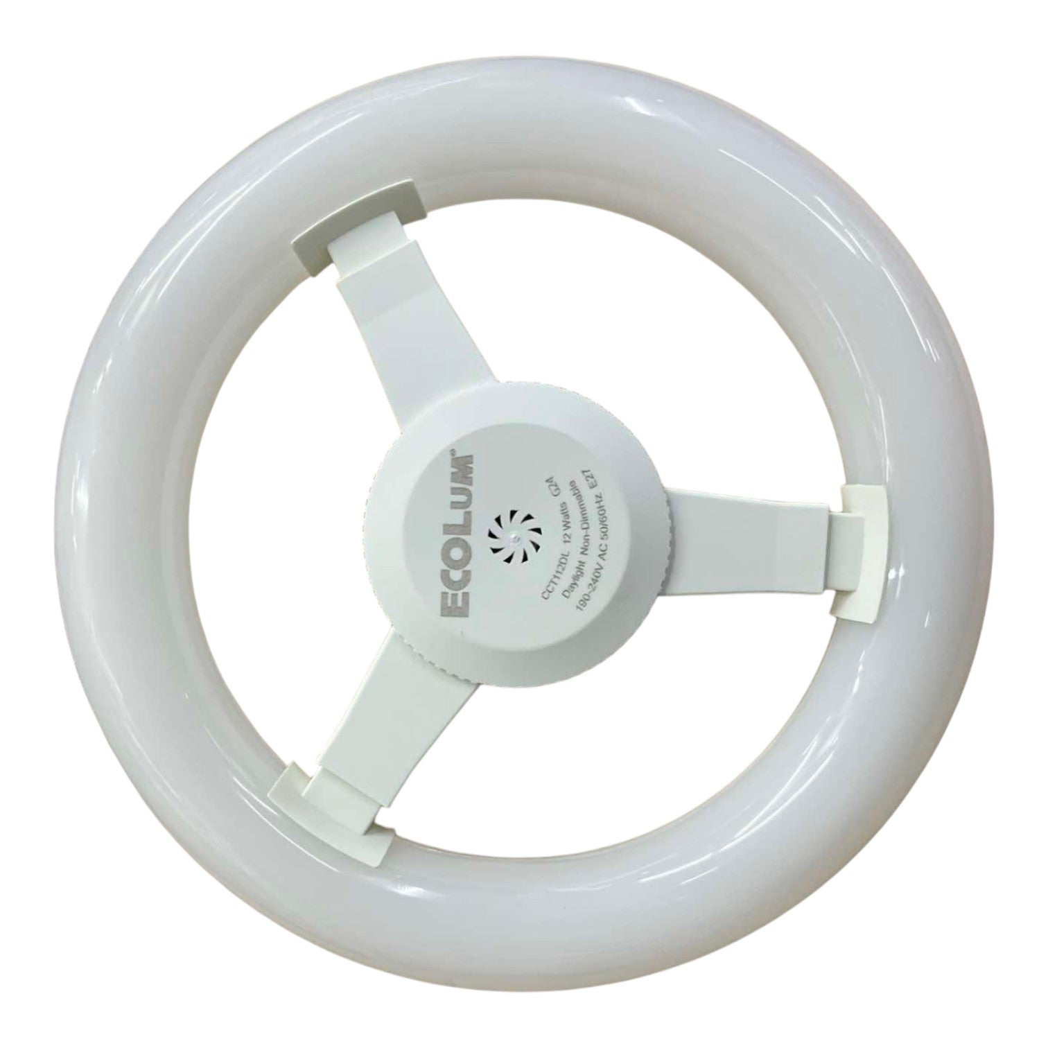 Circular light bulb with 'EcoLum' branding on a white background