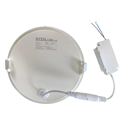 Round LED light fixture with wiring on a white background, featuring the brand 'Ecolum'.