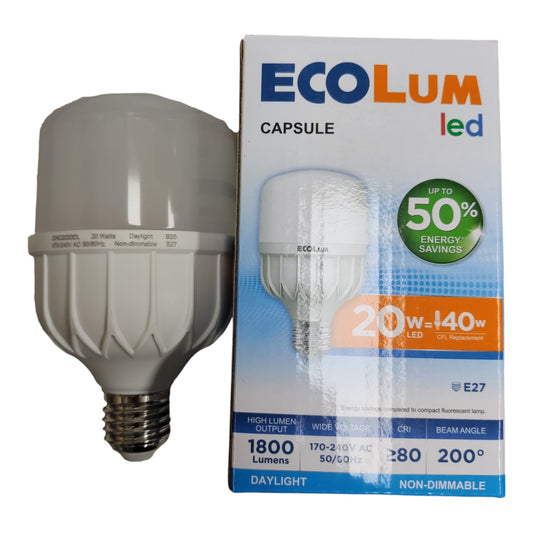 LED light bulb and its packaging with 'EcoLum' branding on a white background