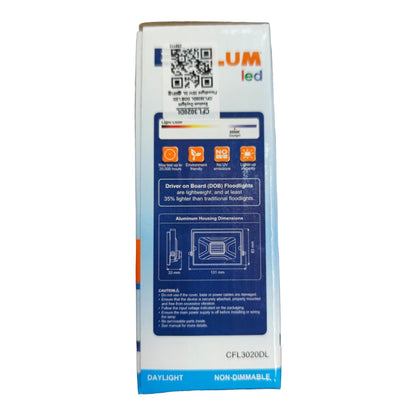 UM LED packaging with QR code and specifications on a white background
