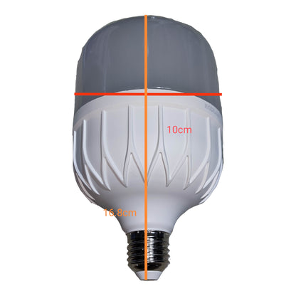 White LED light bulb with measurements on a white background